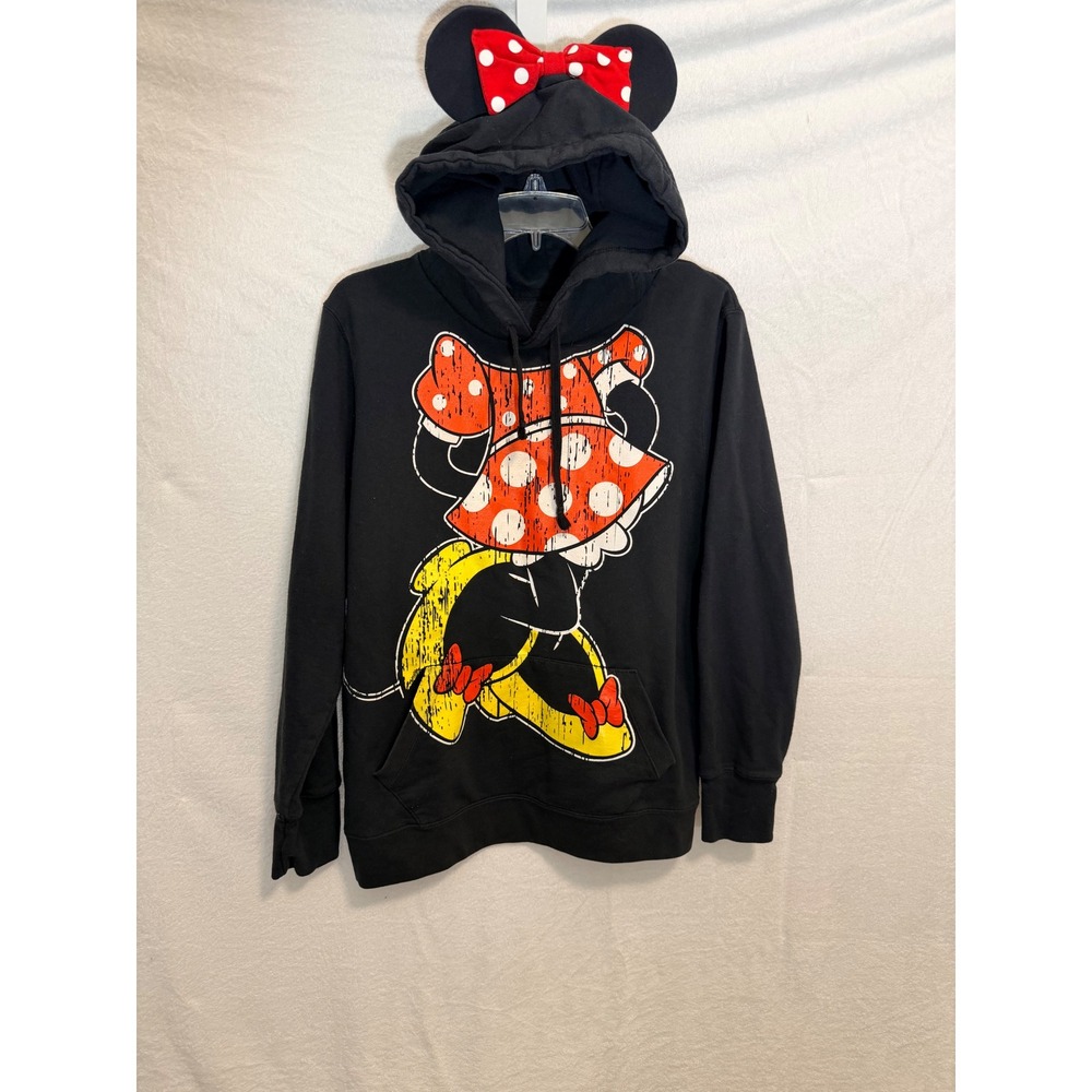 Disney Parks Minnie Mouse Ears Bow Black Hoodie Sweatshirt Large Distressed L